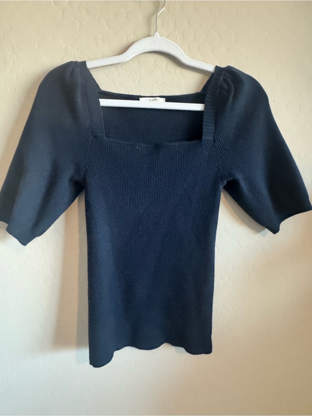 Z Supply Navy Square Neck Puff Sleeve Knit Top